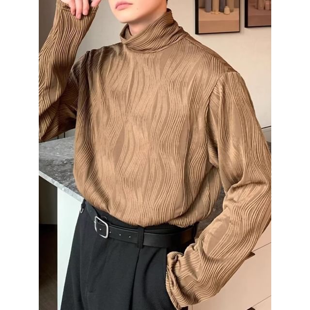 Myanderthal-Long Sleeve Mock Neck Plain Textured Top