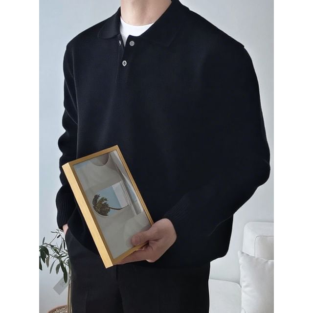 Myanderthal-Long-Sleeve Plain Polo Knit Top