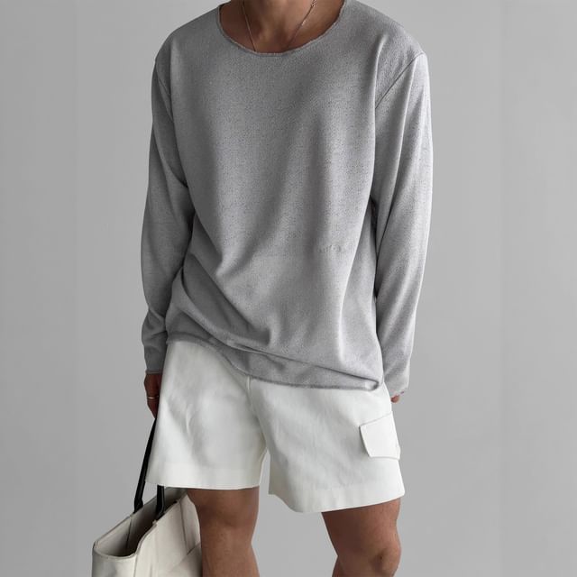 Myanderthal-Long Sleeve Round Neck Plain Knit Top