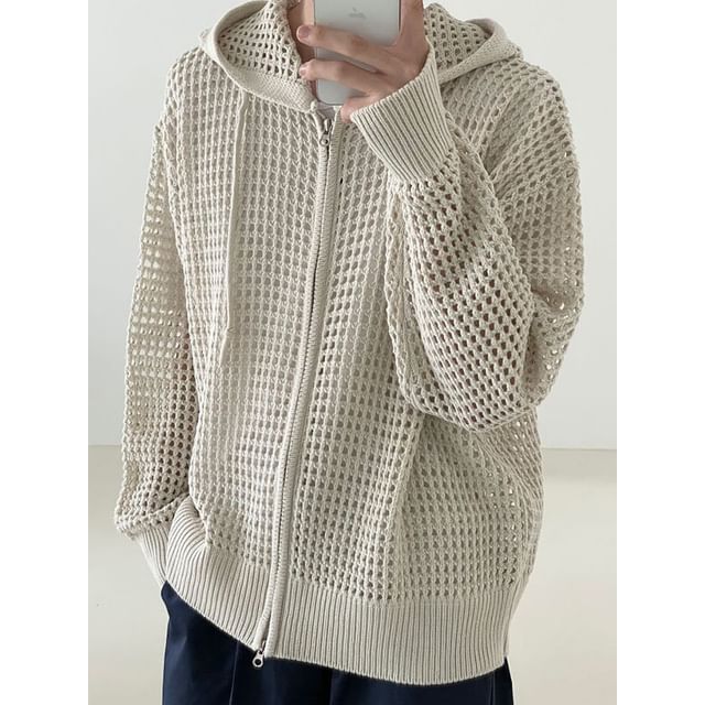Myanderthal-Plain Hooded Drawstring Pointelle Zip Cardigan