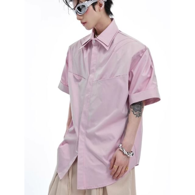 Myanderthal-Short-Sleeve Collared Plain Button Up Shirt