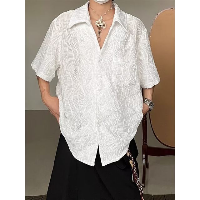 Myanderthal-Short-Sleeve Collared Plain Button Up Shirt