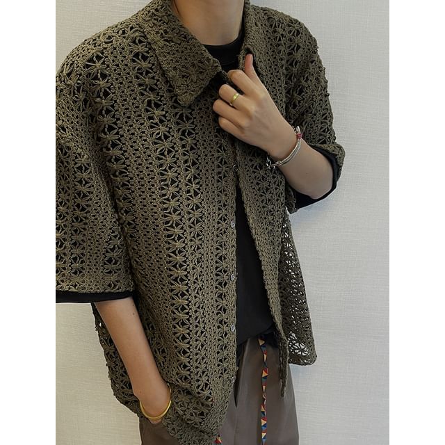 Myanderthal-Short-Sleeve Collared Plain Crochet Button Up Shirt