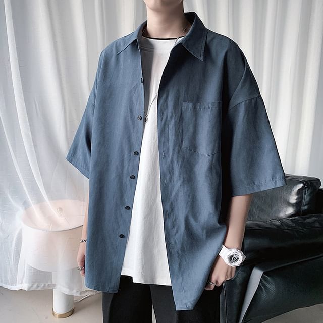 Myanderthal-Short Sleeve Collared Plain Shirt