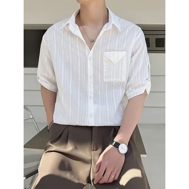 Myanderthal-Short-Sleeve Collared Plain Textured Button Up Shirt
