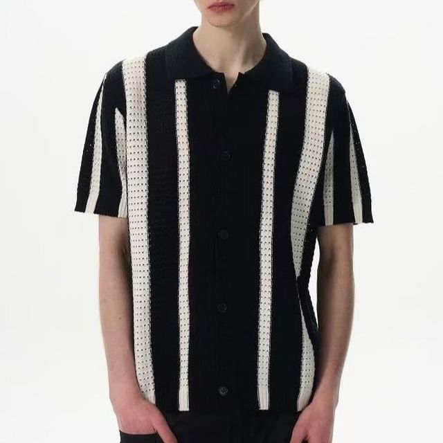 Myanderthal-Short-Sleeve Collared Striped Perforated Button-Up Cardigan