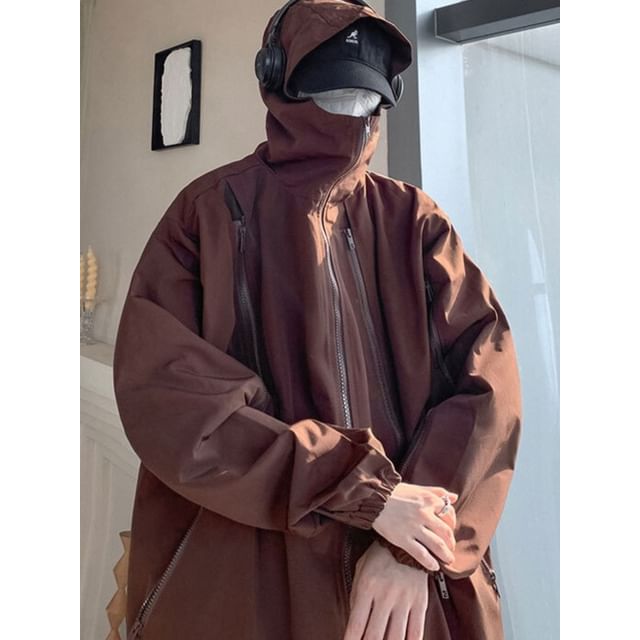 Myanderthal-Stand Collar Plain Hood Multi-Zip Jacket