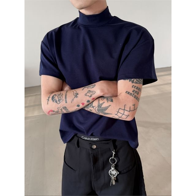 Nahagin-Cap-Sleeve Mock Neck Plain T-Shirt