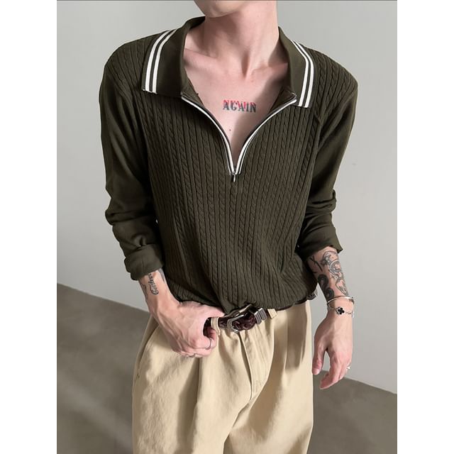 Nahagin-Collared Contrast Trim Ribbed Knit Sweater