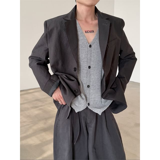 Nahagin-Collared Frayed Single-Breasted Plain Blazer