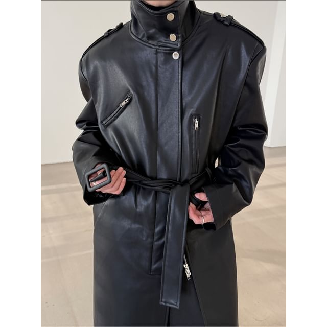 Nahagin-Collared Plain Faux Leather Midi Zip Coat