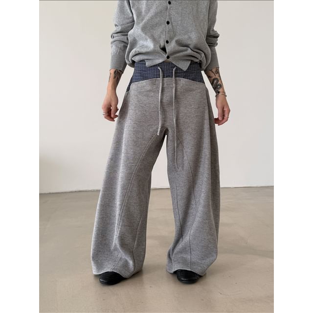 Nahagin-Drawstring Waist Plaid Panel Baggy Sweatpants