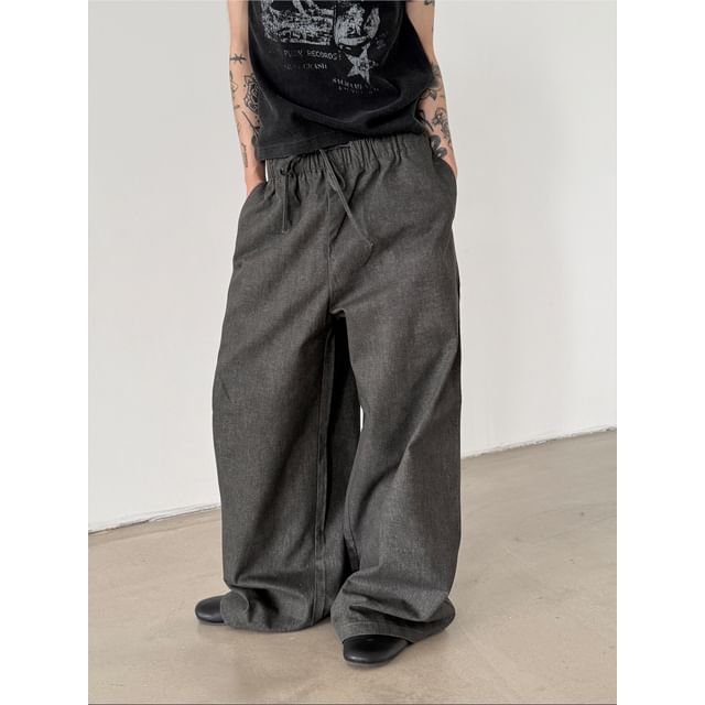Nahagin-Drawstring Waist Plain Wide Leg Pants