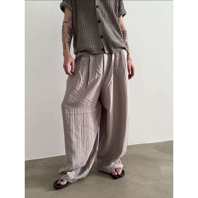 Nahagin-Elastic Waist Plain Wide Leg Pants
