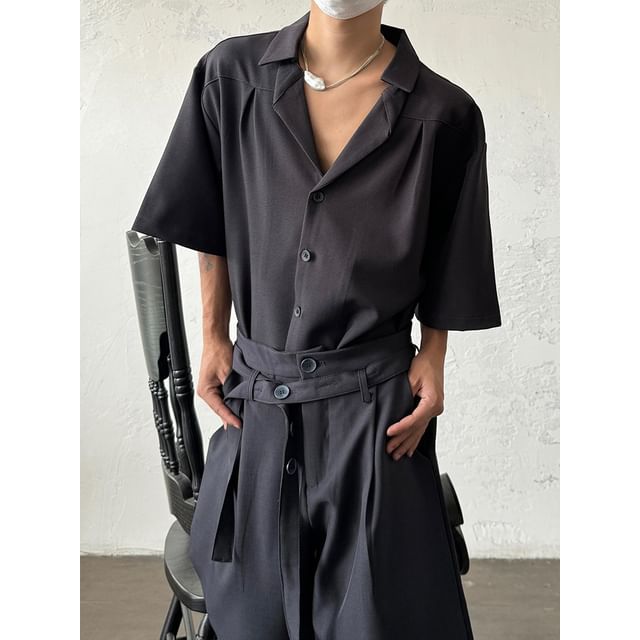 Nahagin-Elbow-Sleeve Button-Up Plain Shirt