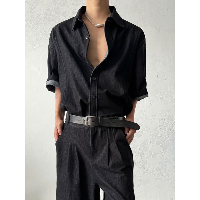Nahagin-Elbow-Sleeve Washed Denim Shirt