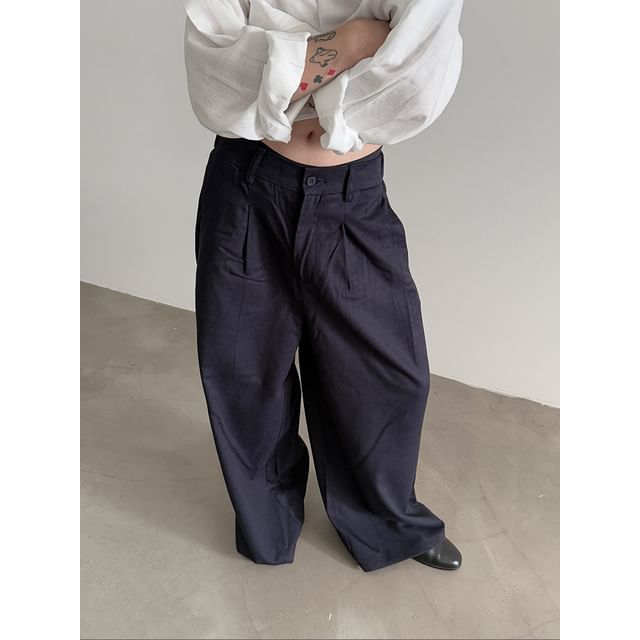 Nahagin-High Waist Plain Wide Leg Pants