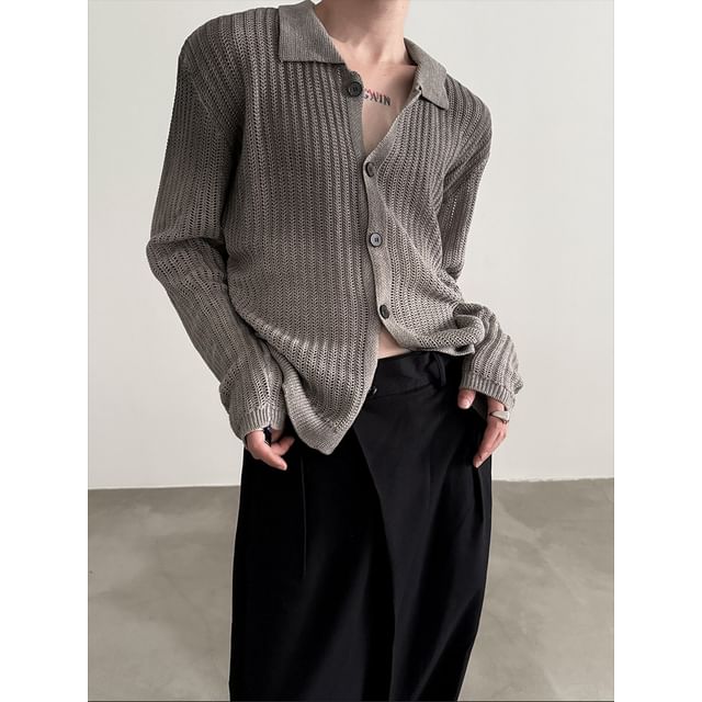 Nahagin-Long-Sleeve Collar Plain Button Knit Top
