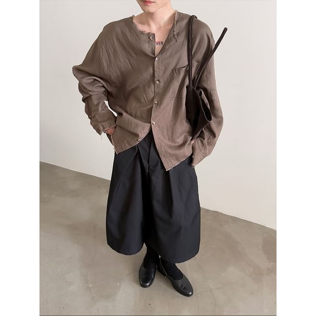 Nahagin-Long-Sleeve Plain Button-Up Shirt
