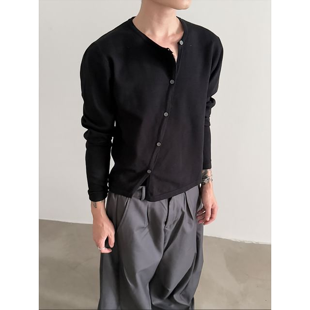 Nahagin-Long-Sleeve Round Neck Plain Button Up T-Shirt