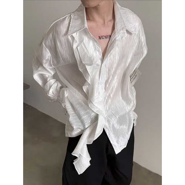 Nahagin-Long-Sleeve Ruffle-Cuff Satin Button-Up Shirt