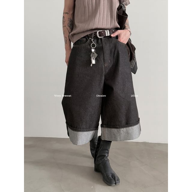 Nahagin-Mid Rise Plain Wide Leg Jorts