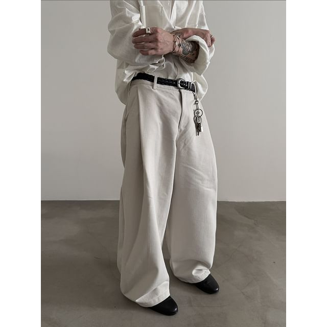 Nahagin-Mid Rise Plain Wide Leg Pants