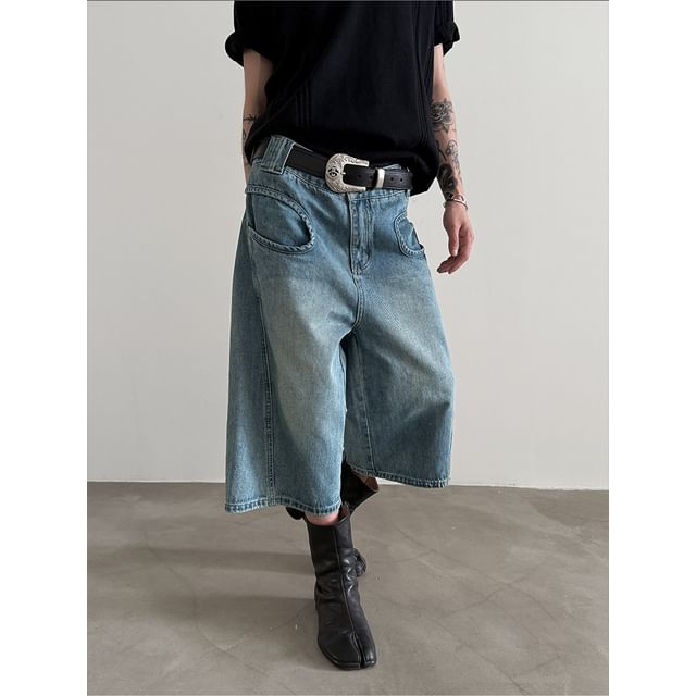 Nahagin-Mid Rise Washed Capri Wide Leg Jeans