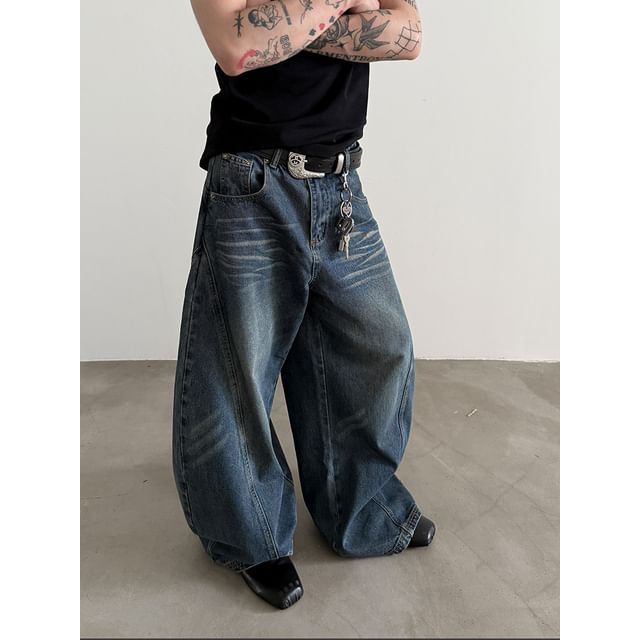 Nahagin-Mid Rise Washed Wide Leg Jeans