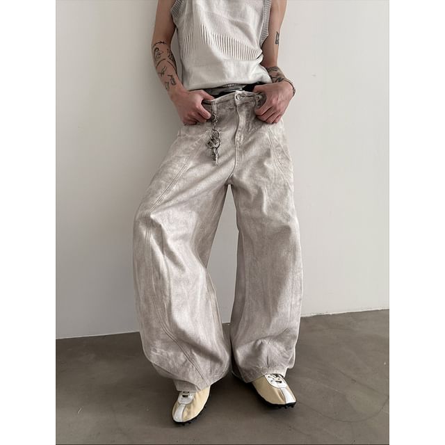 Nahagin-Mid Rise Washed Wide Leg Jeans
