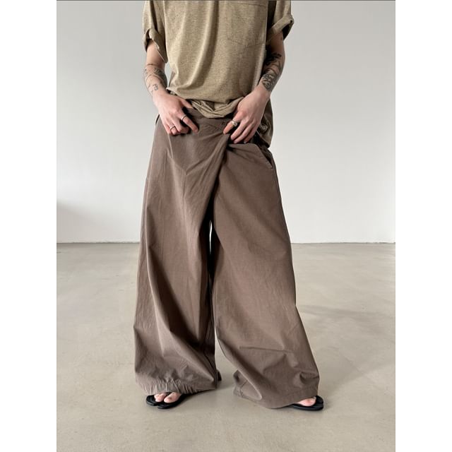 Nahagin-Mid Waist Plain Wide Leg Pants