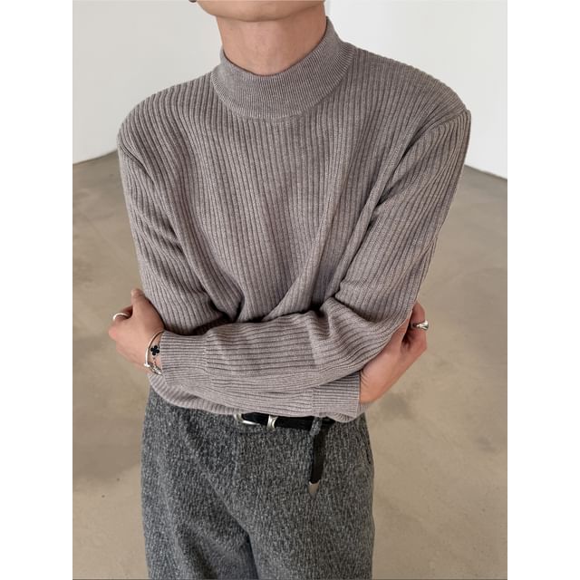 Nahagin-Mock Neck Plain Ribbed Sweater