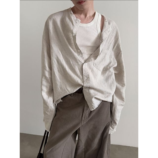 Nahagin-Plain Button-Up Shirt