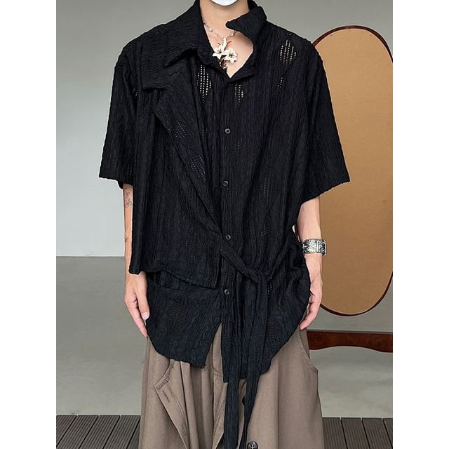 Nahagin-Short-Sleeve Crochet Sashed Plain Shirt