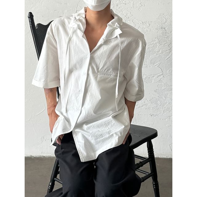 Nahagin-Short-Sleeve Drawstring Neckline Plain Shirt