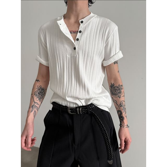 Nahagin-Short-Sleeve Henley Plain Ribbed Knit Top