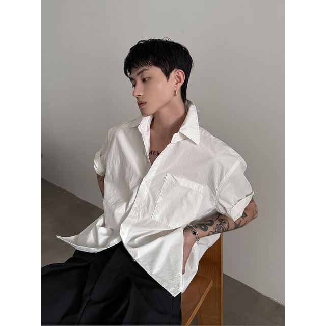 Nahagin-Short-Sleeve Plain Button-Up Shirt