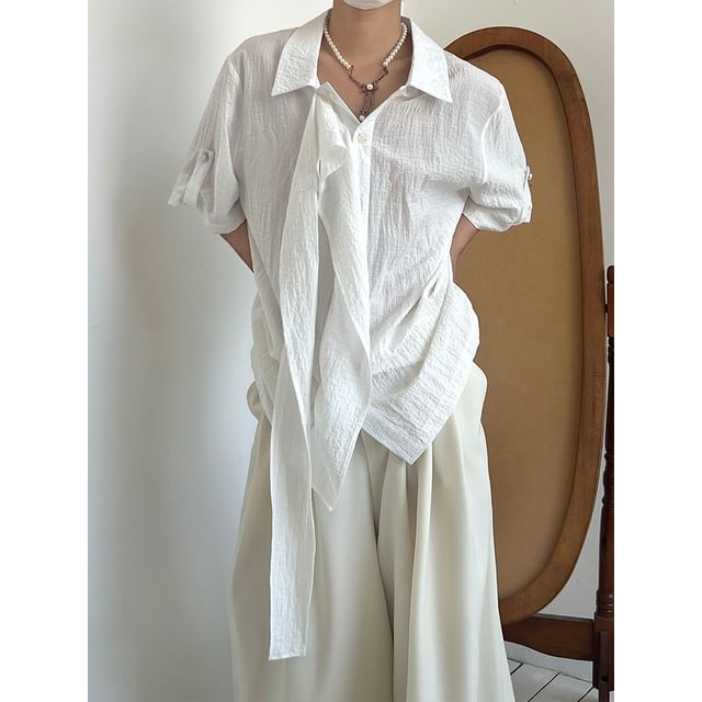 Nahagin-Short-Sleeve Ruffle Asymmetrical Plain Shirt