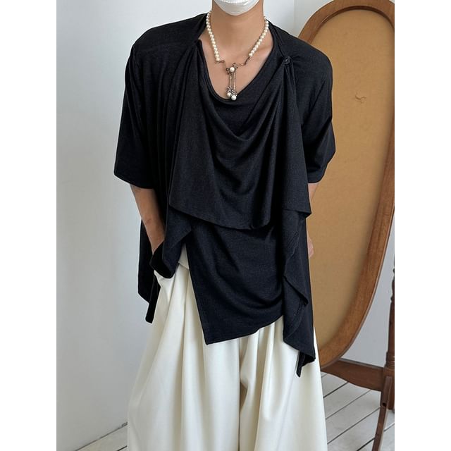 Nahagin-Short-Sleeve U-Neck Asymmetrical Plain Knit Top