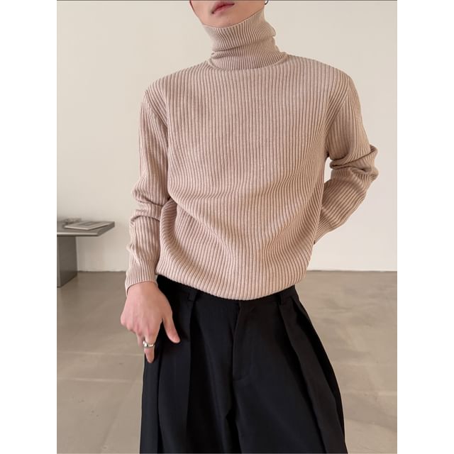 Nahagin-Turtleneck Plain Ribbed Sweater