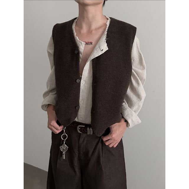 Nahagin-V-Neck Plain Button Up Vest