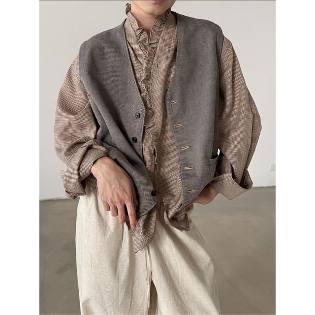 Nahagin-V-Neck Washed Button-Up Denim Vest