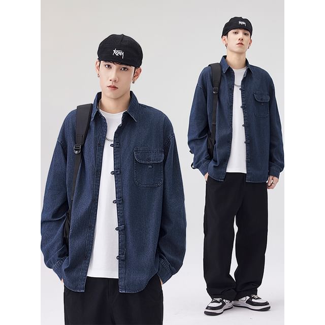 Naideth-Collared Denim Knot Button Up Shirt Jacket