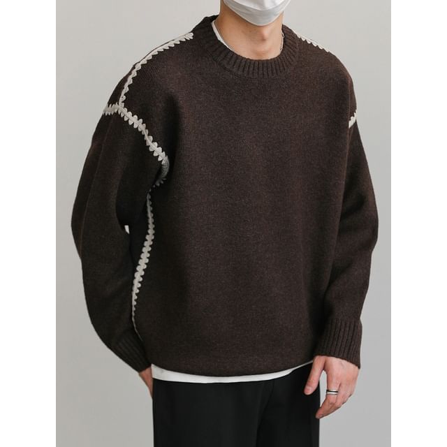 Naideth-Crew Neck Contrast Trim Sweater