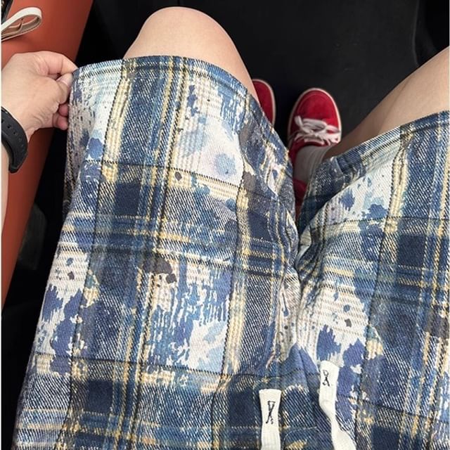 Naideth-Drawstring Waist Plaid Shorts