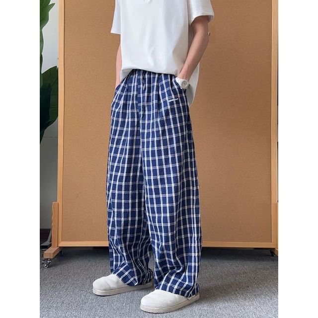 Naideth-Drawstring Waist Plaid Wide Leg Pants