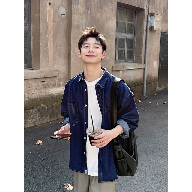 Naideth-Long-Sleeve Collared Denim Button Up Shirt