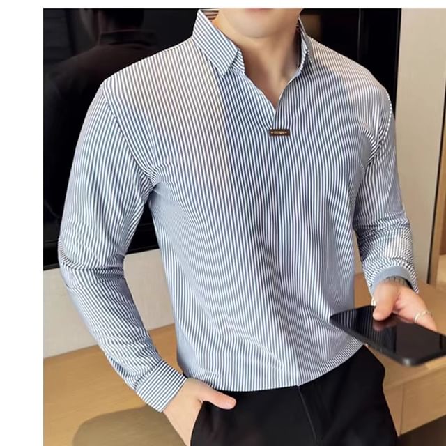 Naideth-Long Sleeve Collared Open Placket Striped Shirt
