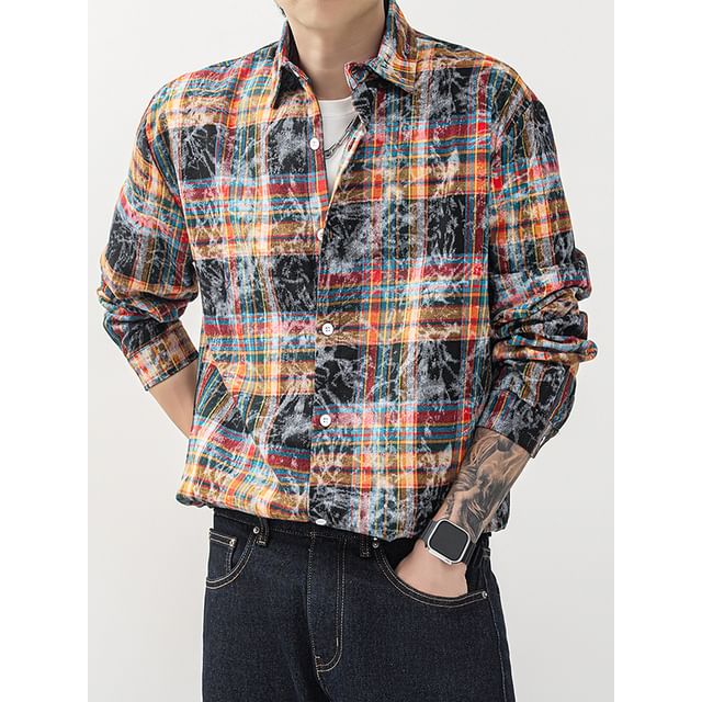 Naideth-Long-Sleeve Collared Plaid Washed Button Up Shirt