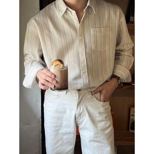 Naideth-Long-Sleeve Collared Striped Button Up Shirt